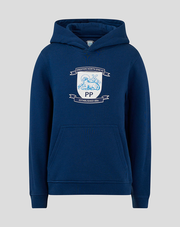 Junior navy core hoodie with crest on chest and front kangaroo pocket