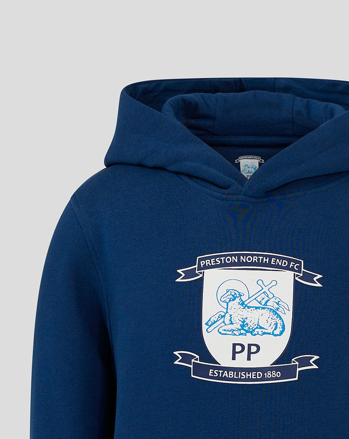 Navy junior hoodie with Preston North End crest centered on the chest and a three piece hood