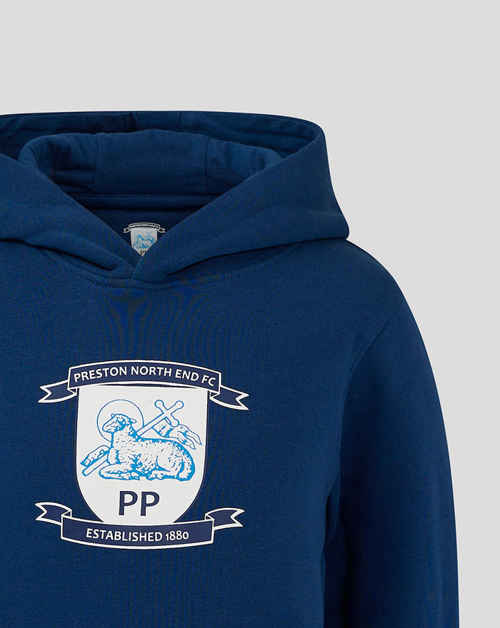 Close up of navy junior hoodie chest displaying the Preston North End crest and hood edge