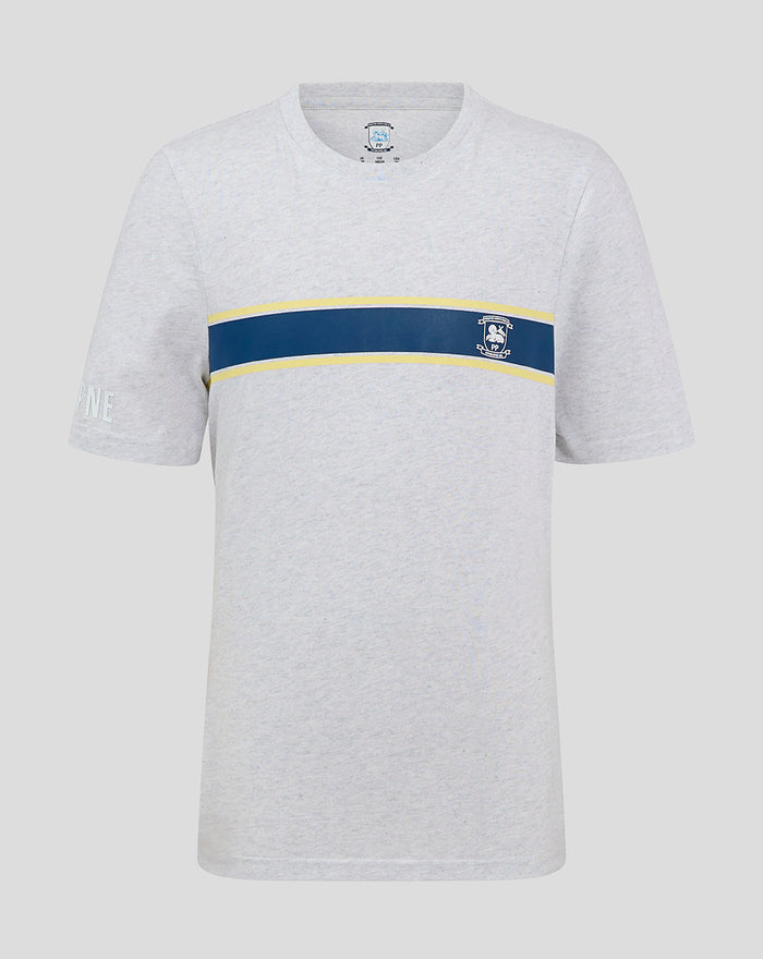 Junior grey short sleeve T shirt with blue chest stripe edged in yellow and club crest on stripe