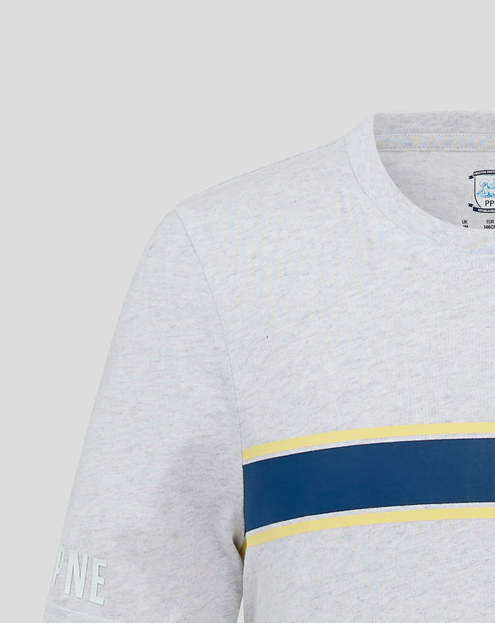 Grey junior classic cotton T shirt with blue and yellow chest stripe and left chest club crest.