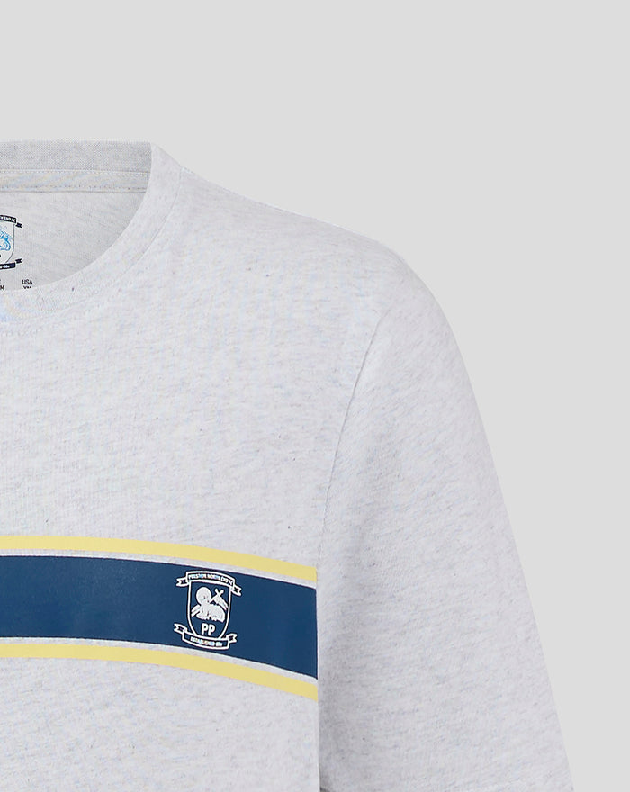 Front view of light grey Junior Classic Cotton T Shirt with blue chest band and yellow edges and crest on left chest