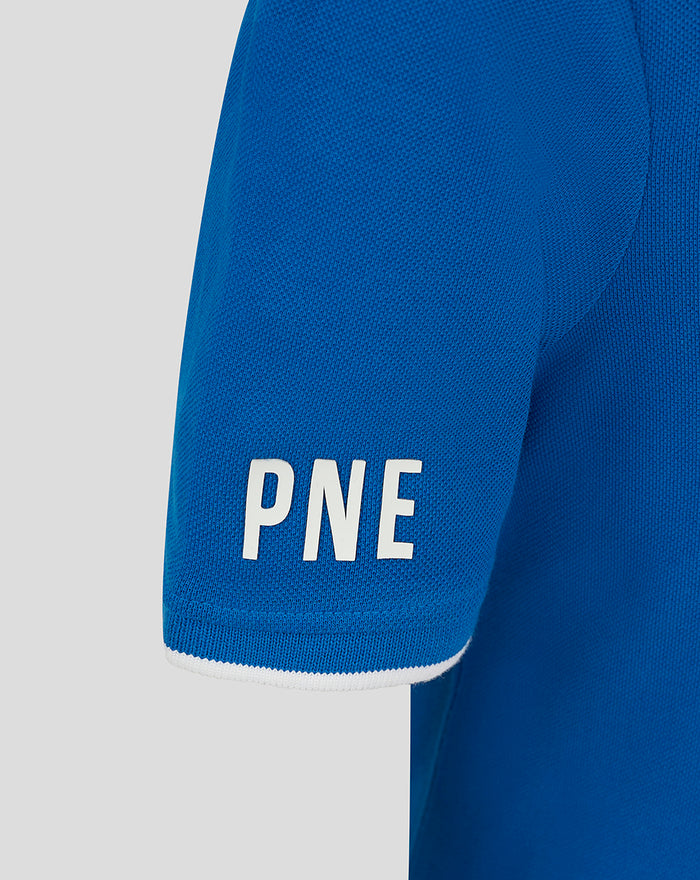 Close-up of blue Junior Classic Polo sleeve with PNE lettering and white cuff trim.