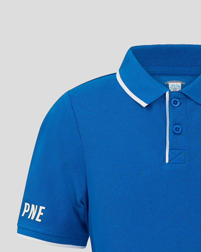 Close-up of blue Junior Classic Polo collar with white piping and two-button placket.