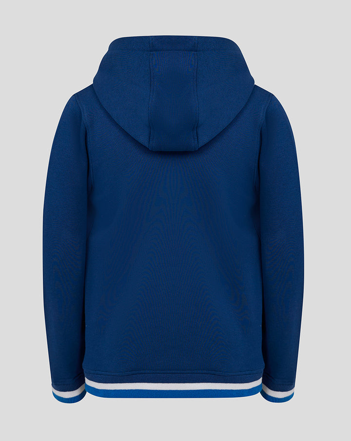 Back view of navy junior hoodie with hood and striped hem