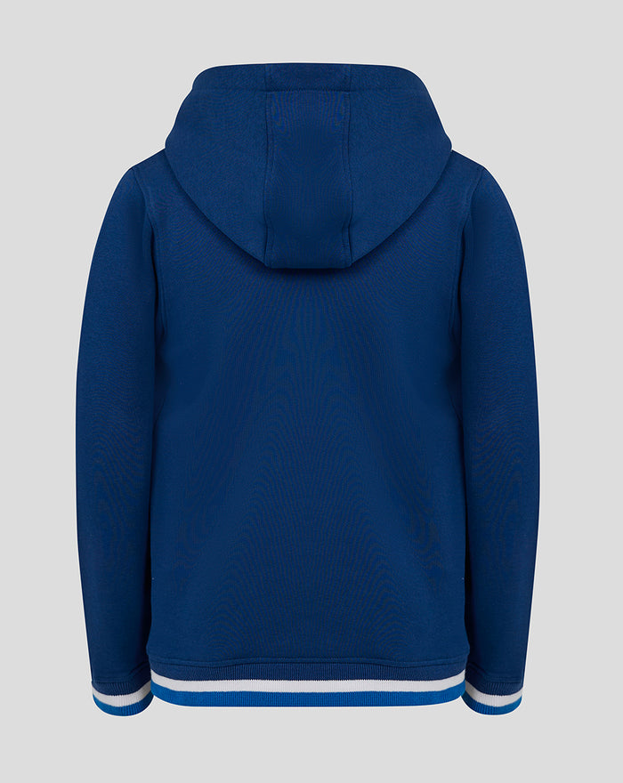 Back view of navy junior hoodie with hood and striped hem