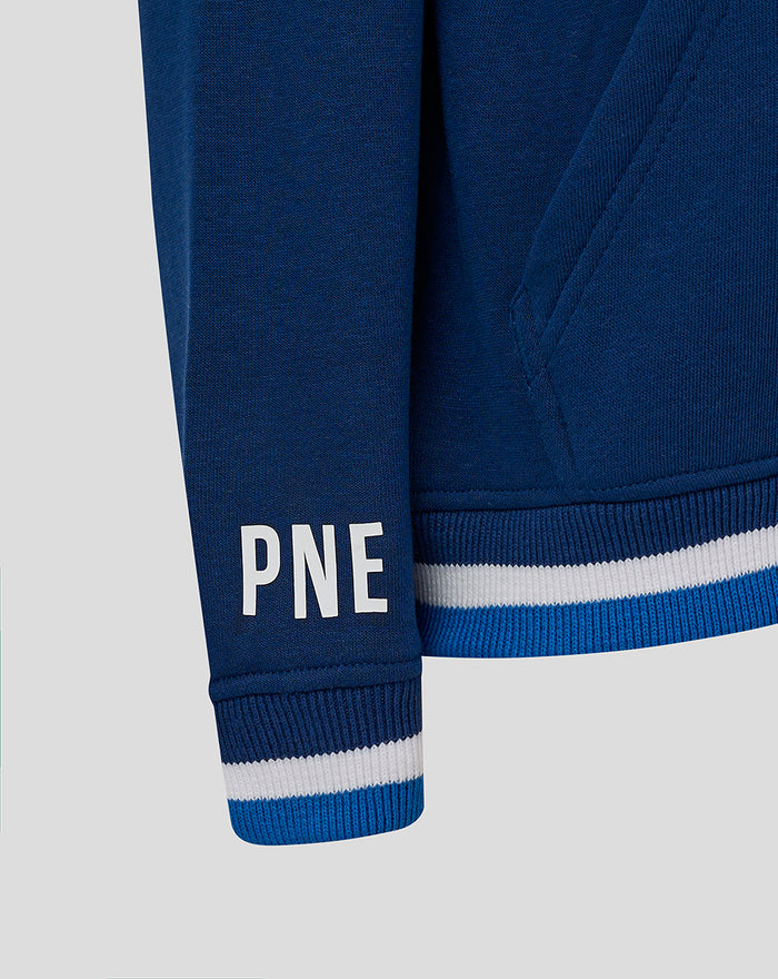 Detail of navy junior hoodie sleeve with PNE initials and striped cuff