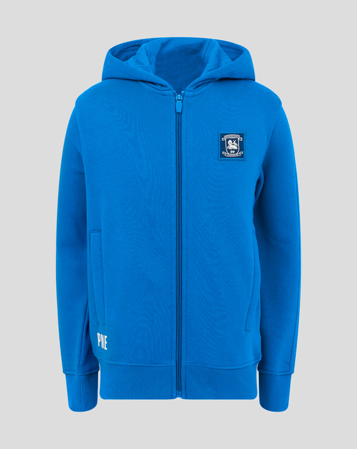 Blue women's classic full zip hoodie with hood and left chest patch