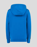 Back view of blue women's classic full zip hoodie with attached hood and ribbed hem.
