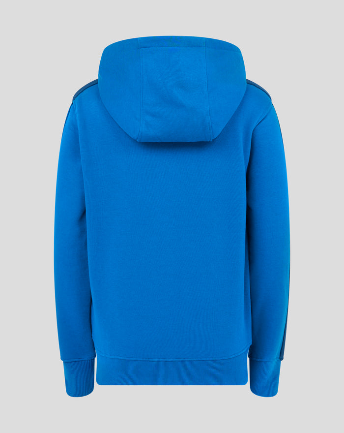 Back view of blue women's classic full zip hoodie with attached hood and ribbed hem.
