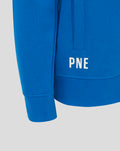 Close-up of the blue hoodie back showing a white PNE graphic above a ribbed hem.