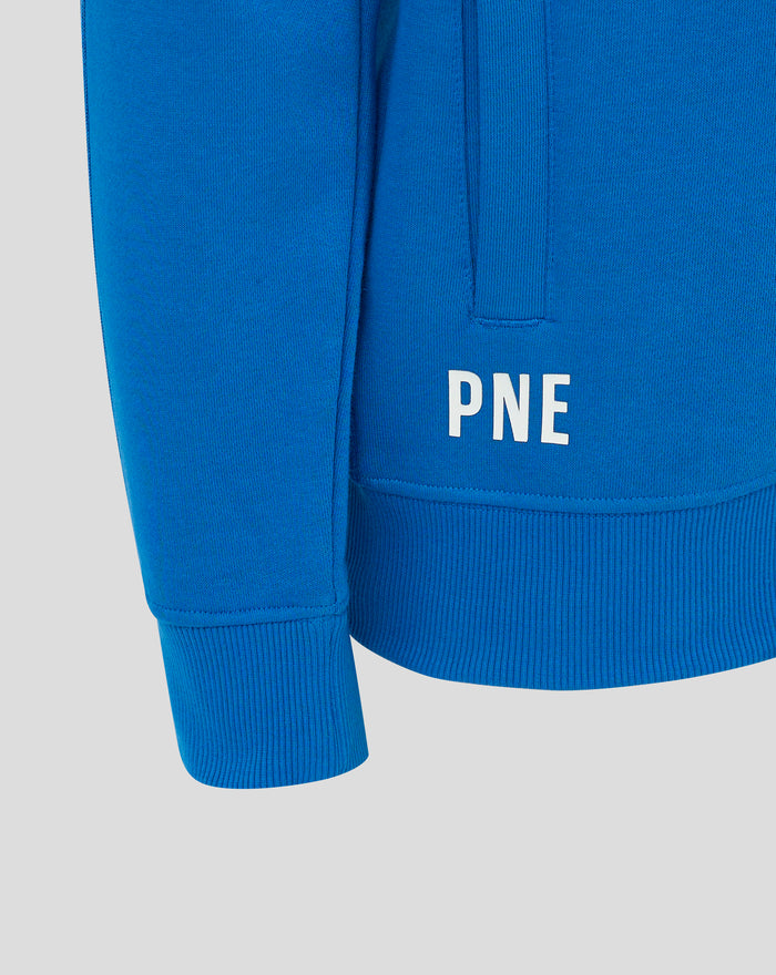Close-up of the blue hoodie back showing a white PNE graphic above a ribbed hem.