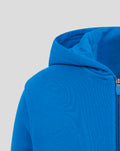 Close-up of the blue hoodie zipper along the side with hood edge and interior visible.