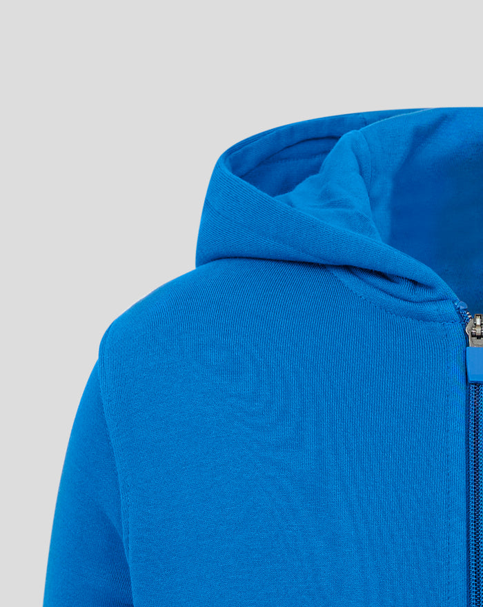 Close-up of the blue hoodie zipper along the side with hood edge and interior visible.