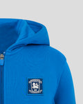 Blue women's hoodie close up of zipper and hood with visible patch