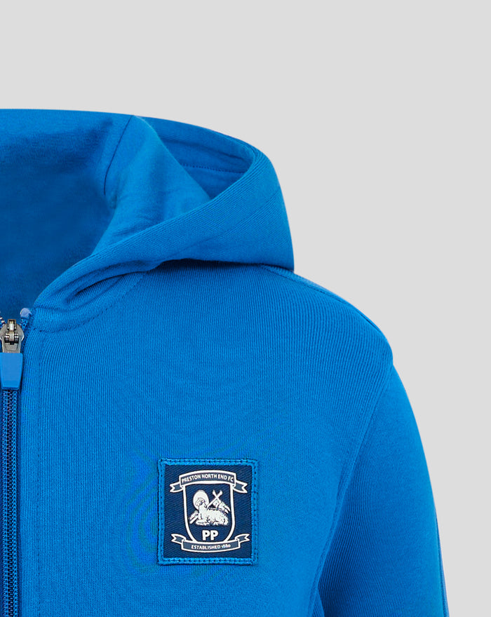 Blue women's hoodie close up of zipper and hood with visible patch