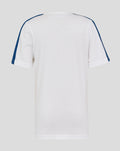 Back view of white junior classic cotton T shirt with blue stripes along the sleeves.