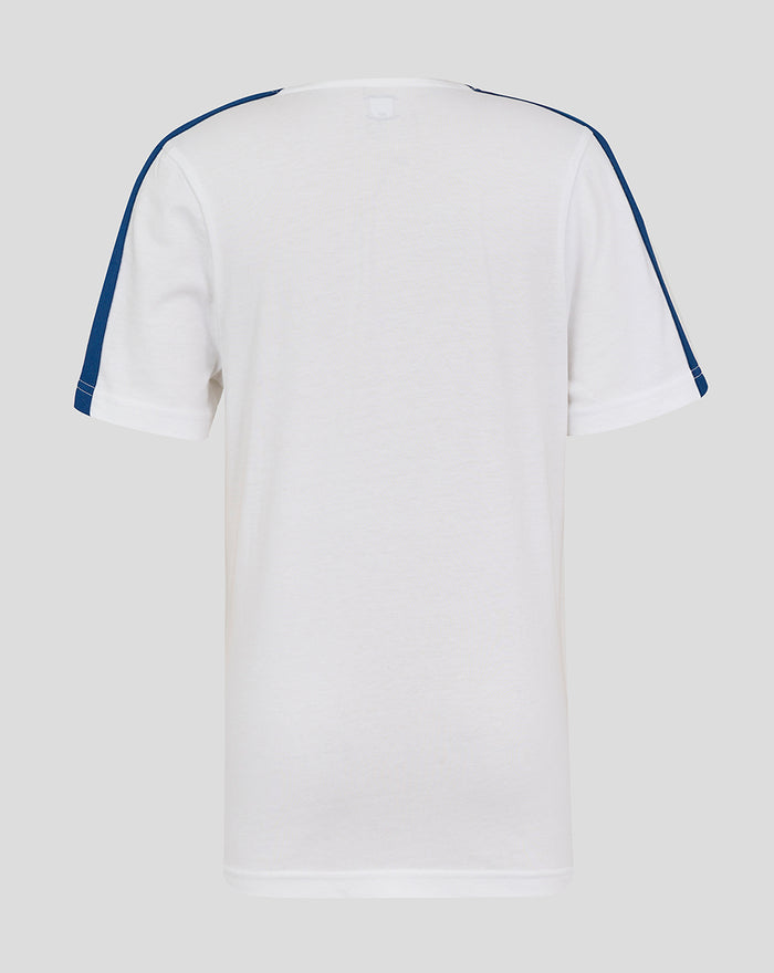 Back view of white junior classic cotton T shirt with blue stripes along the sleeves.