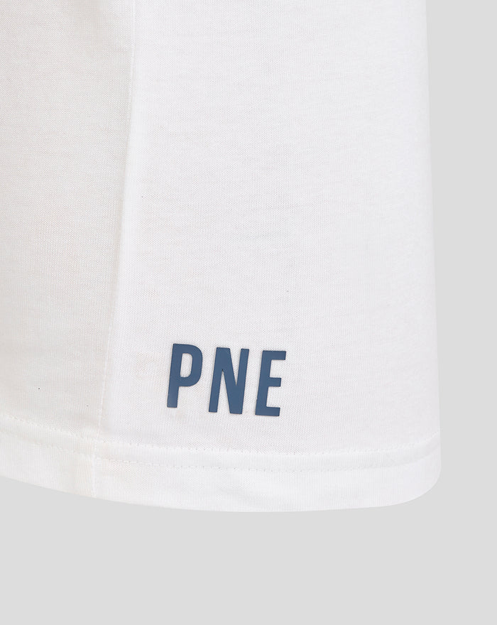 Close-up of the white T shirt hem with blue PNE print near the bottom edge.