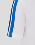 Close up of the white Junior Classic Cotton T shirt sleeve with a blue stripe along the arm