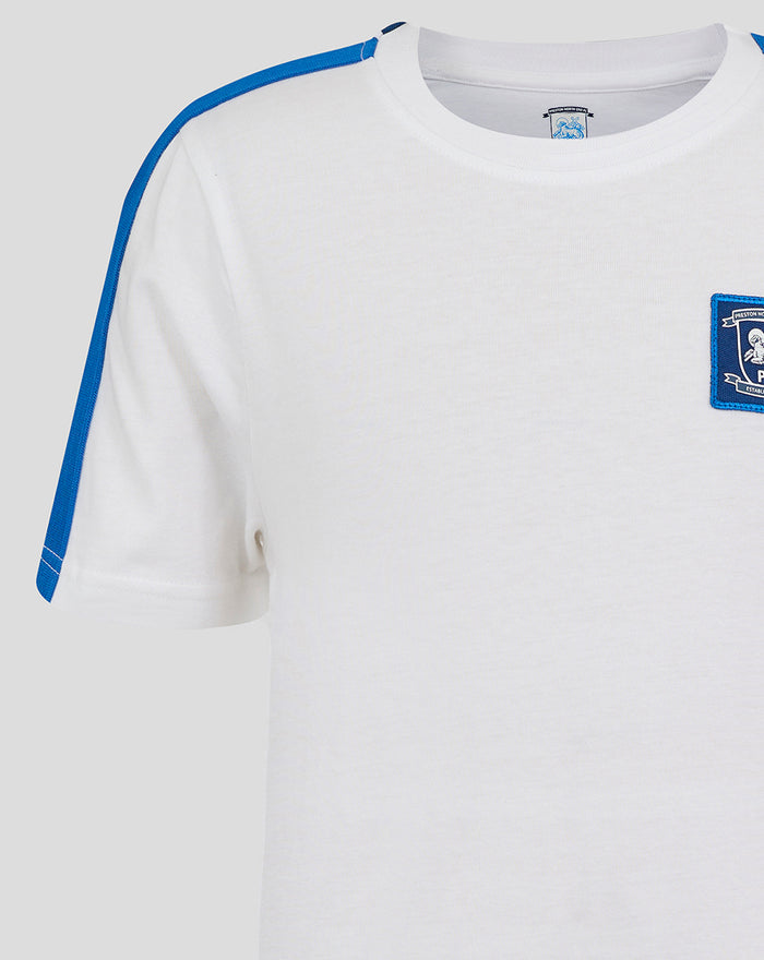 White Junior Classic Cotton T shirt with blue shoulder stripe and left chest crest patch
