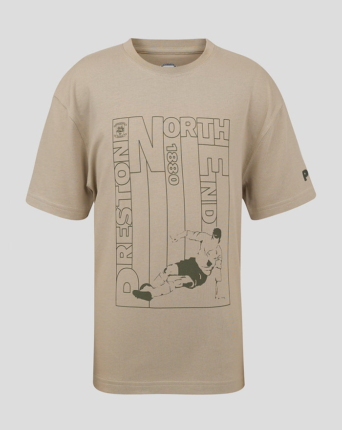 Beige stone colored men's T shirt with a large outlined NORTH END graphic across the front and a small crest.