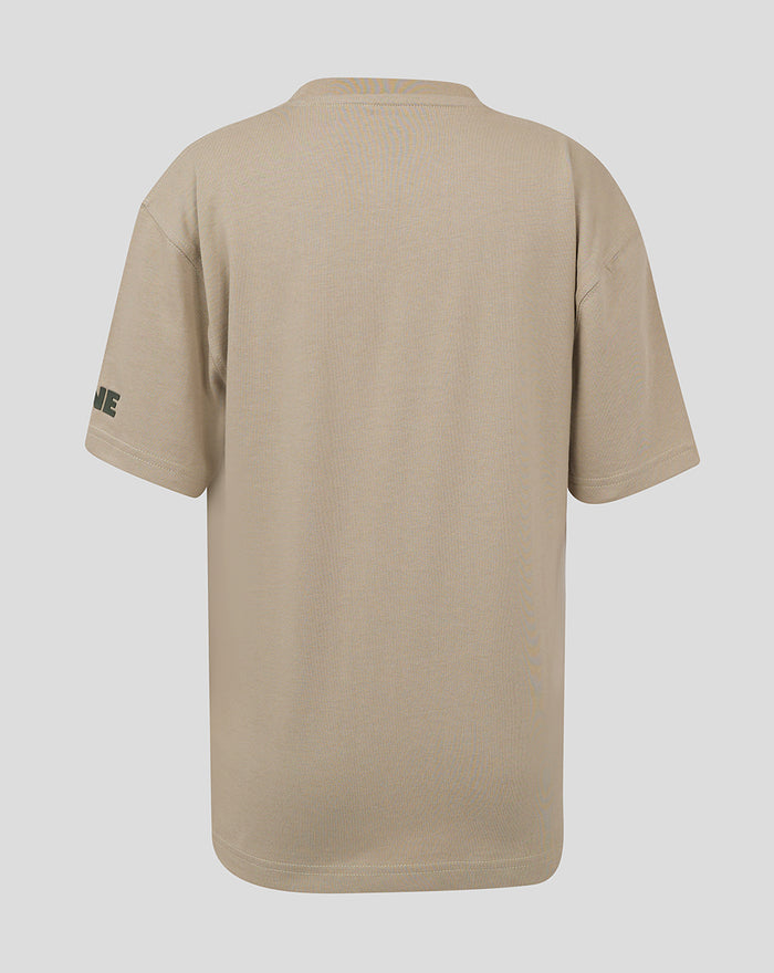 Back view of stone colored men's contemporary T-shirt showing relaxed fit and neat stitching.
