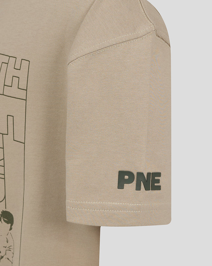 Stone colored T shirt sleeve close up showing stitching and PNE lettering on the cuff.