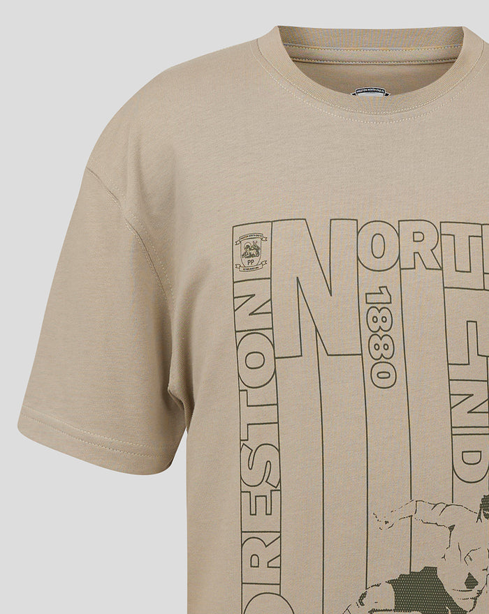 Beige stone T shirt close up showing crew neck and partial NORTH END graphic.
