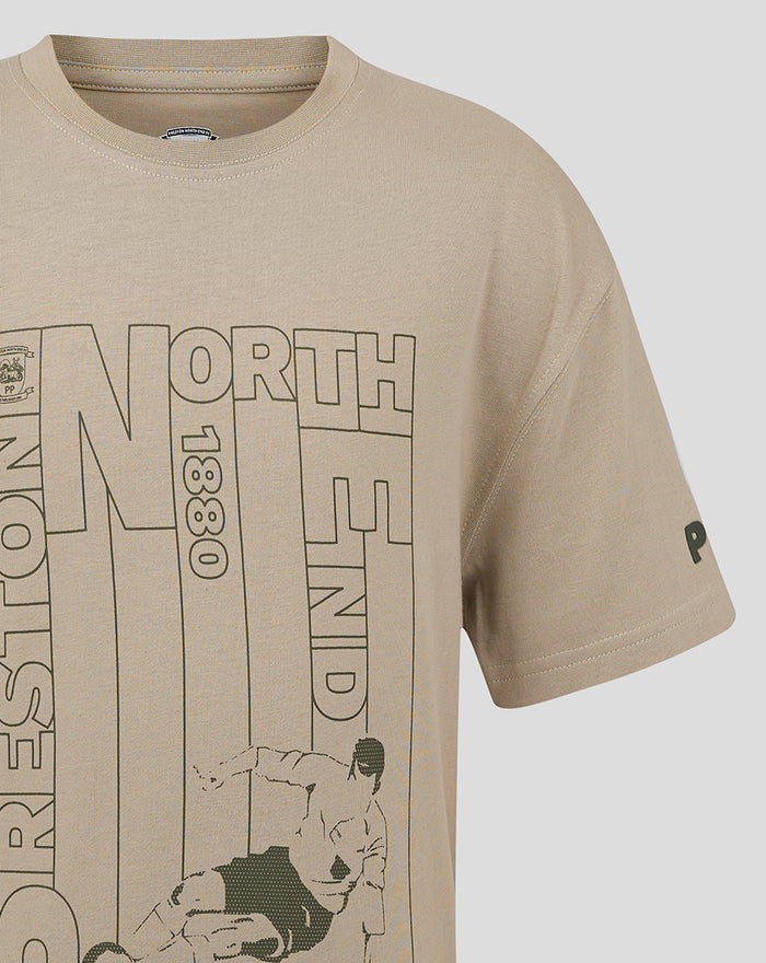 Stone junior T shirt close up of the neckline and shoulder with bold front graphic and PNE text on the sleeve.