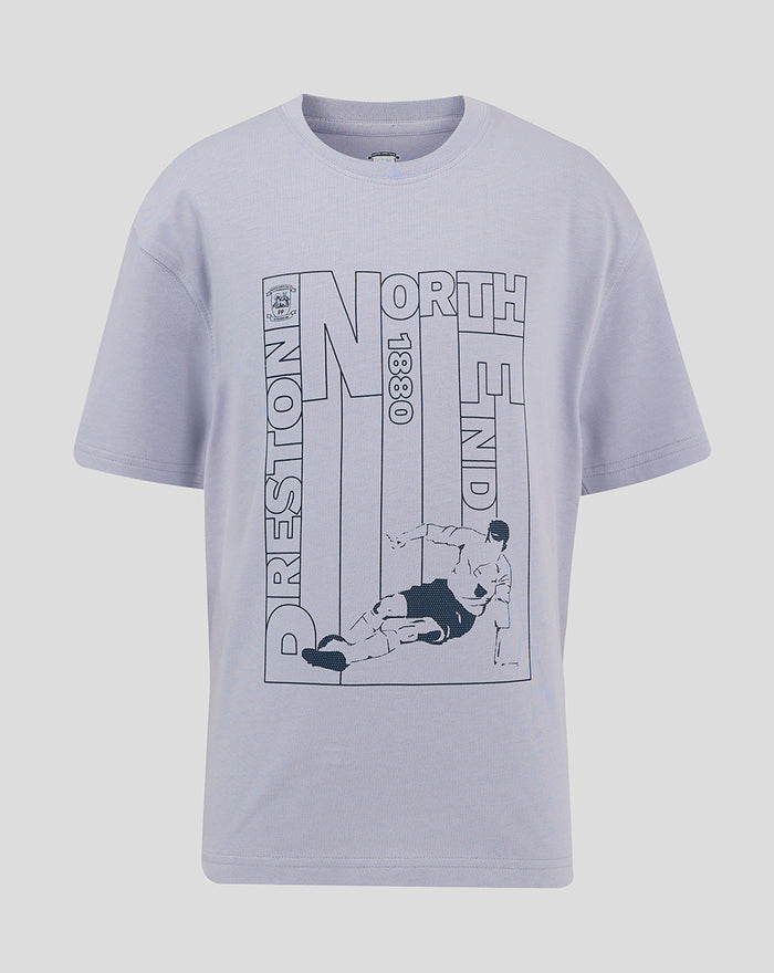 Front view of light blue junior tee with a large navy graphic featuring vertical text and a person in action.