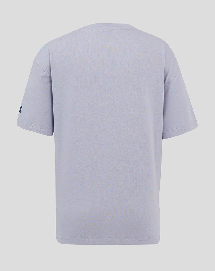 Back view of light blue T shirt with plain fabric and short sleeves.