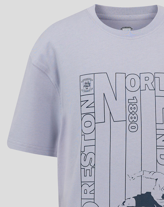 Front view of light blue men's contemporary T shirt with large outlined NORTH print and small crest.