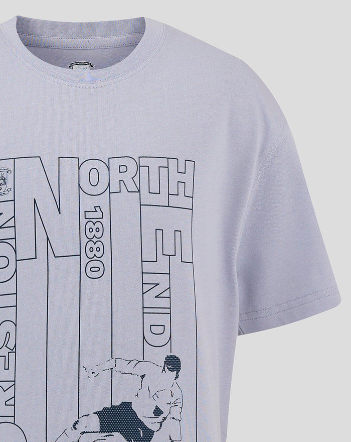 Close-up of the right section of the front graphic on the light blue tee with bold vertical text and the illustrated figure.