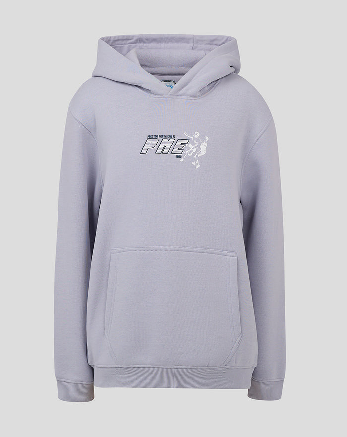 Front view of a light blue junior contemporary hoodie with a kangaroo pocket and PNE logo