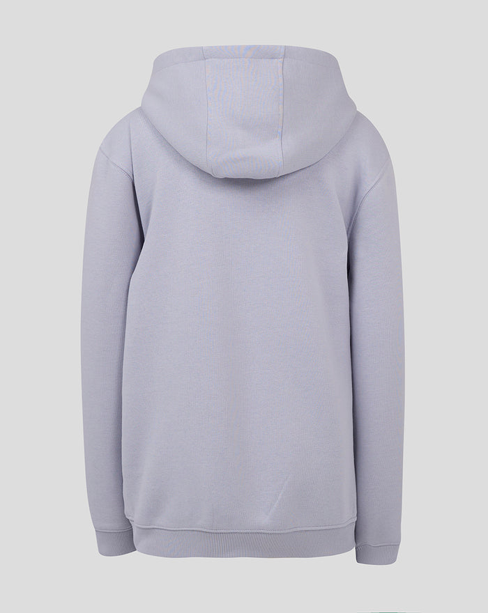 Back view of a light blue junior contemporary hoodie with hood and ribbed hem
