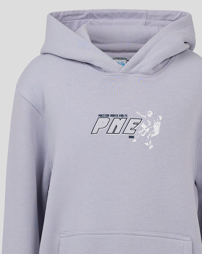 Close-up of a light blue junior contemporary hoodie showing the PNE logo and players graphic on the chest