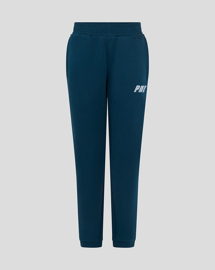 Front view of dark blue junior contemporary joggers with a wide elastic waistband and logo on the thigh