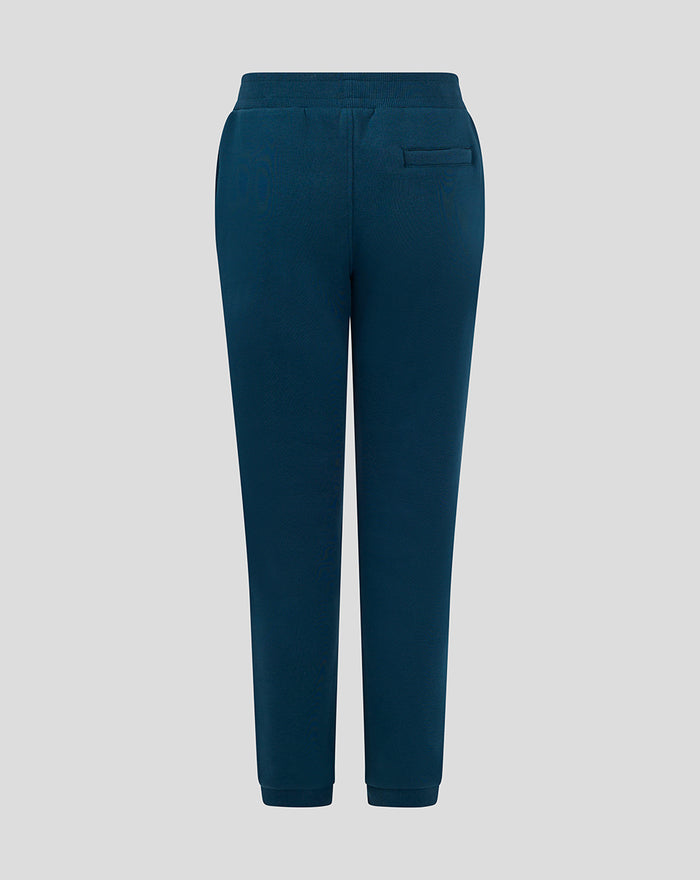 Back view of dark blue junior contemporary joggers with an elastic waistband and back pocket