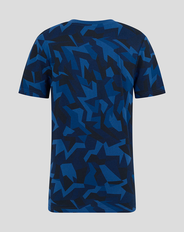 Back view of blue geometric camo junior T shirt.