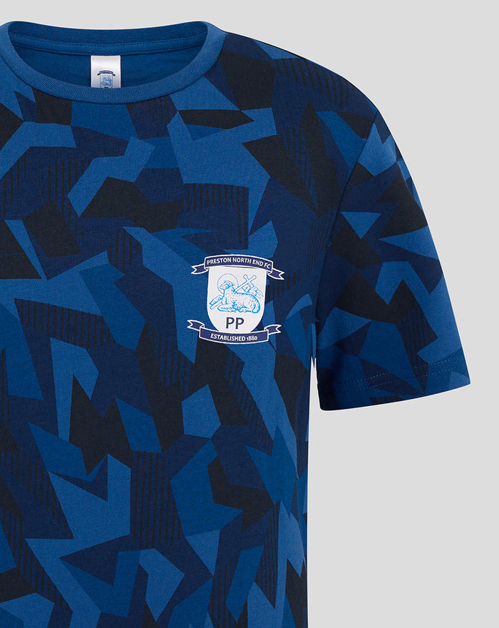 Blue geometric print junior short pyjama top with crest badge on chest