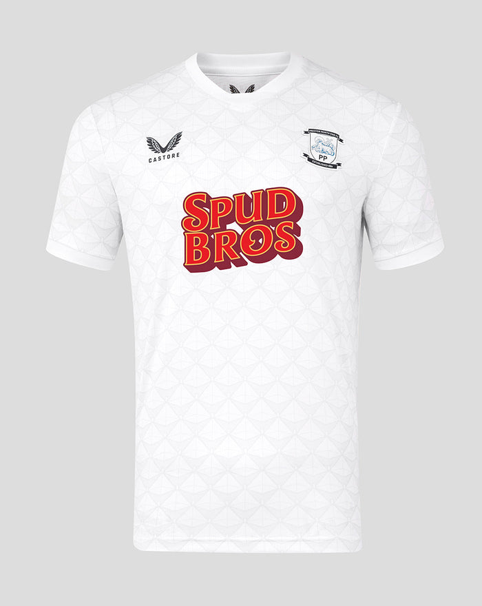White junior home shirt with geometric pattern, Preston North End crest on left chest and Spud Bros sponsor on front