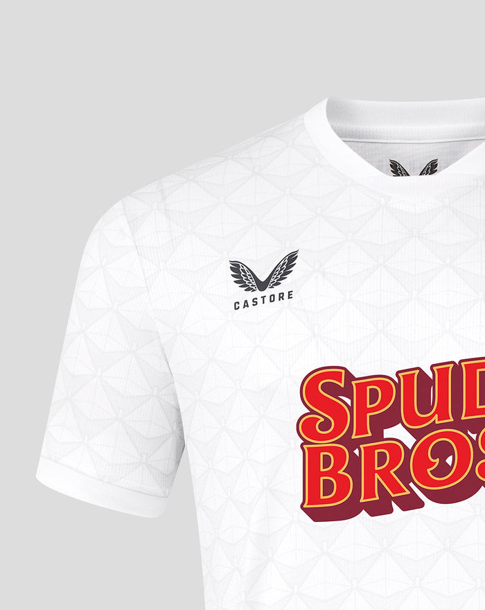 Junior white Preston North End FC replica shirt with a geometric pattern and Castore logo on the chest.