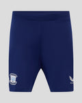 Junior navy blue home shorts with the club crest on the left leg.