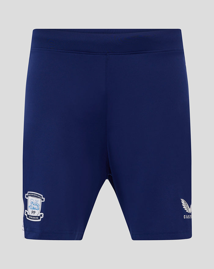 Junior navy blue home shorts with the club crest on the left leg.