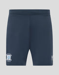 Back view of men's navy blue home goalkeeper shorts with a club crest on the left leg.