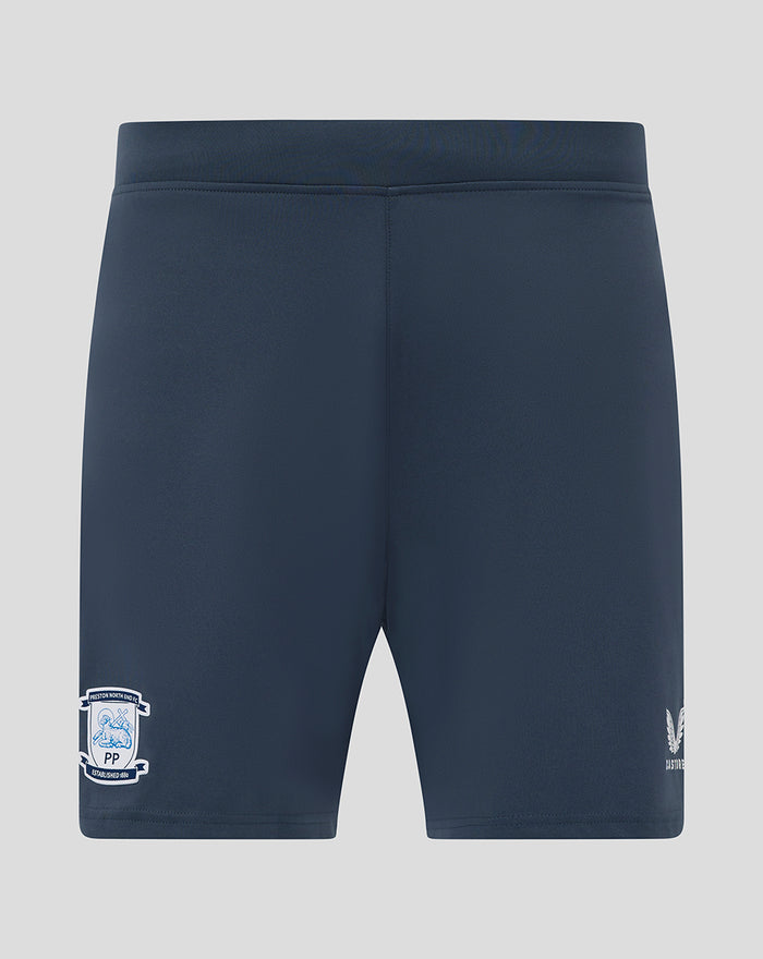 Back view of men's navy blue home goalkeeper shorts with a club crest on the left leg.