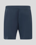 Back view of navy blue home goalkeeper shorts with an elastic waistband and a crest on the left leg.