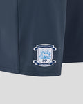 Close-up of Preston North End FC crest on navy home goalkeeper shorts.
