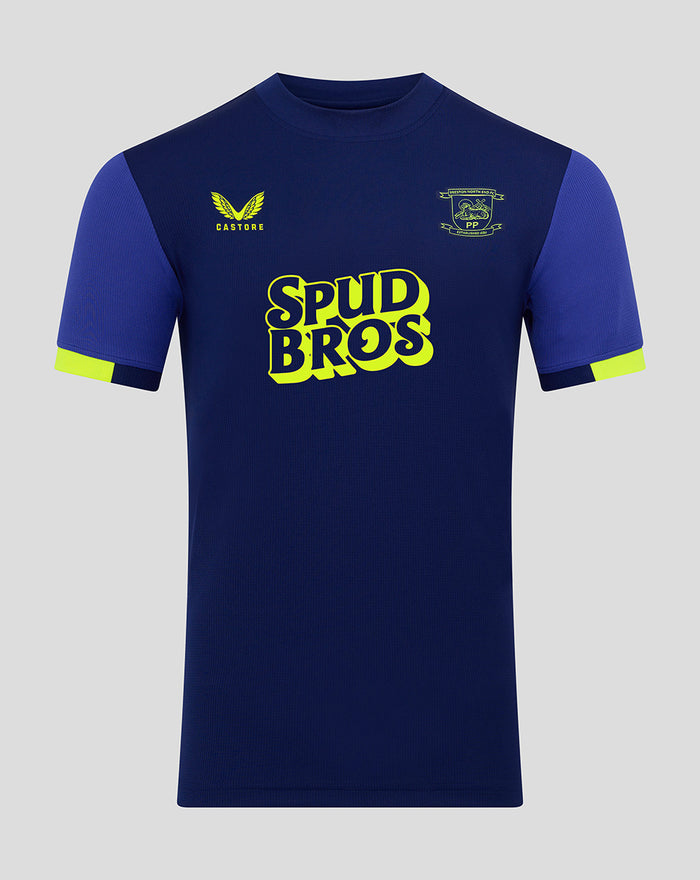 Junior away shirt in dark blue with neon yellow SPUD BROS logo across the chest and club crest on the left.
